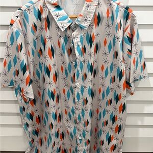 Men's Short Sleeve Mid-Century Print Shirt - Teal & Orange on Cream, XL